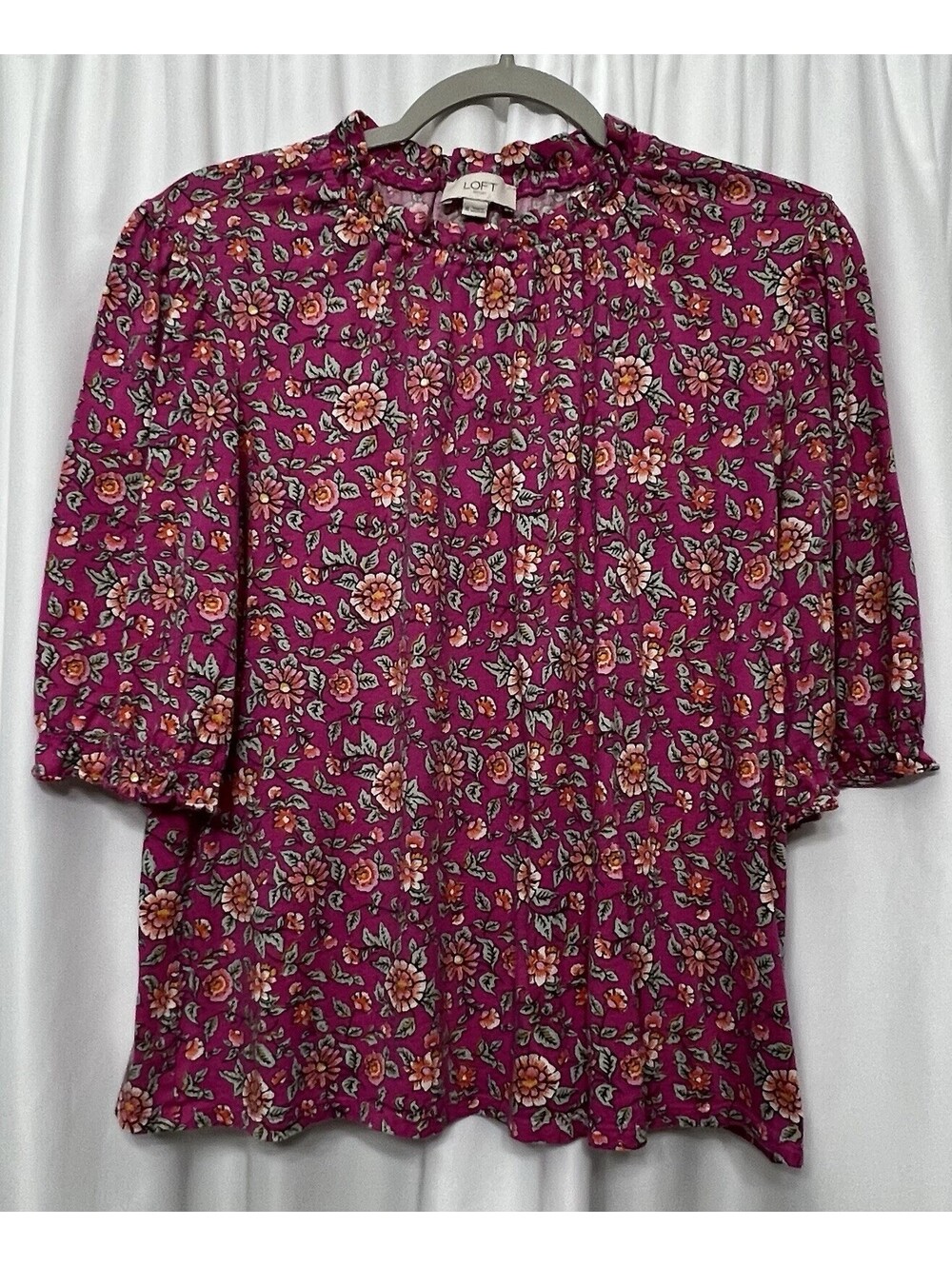 Loft Outlet Pink Floral Blouse Size XL Pleated Ruffle Trim Top